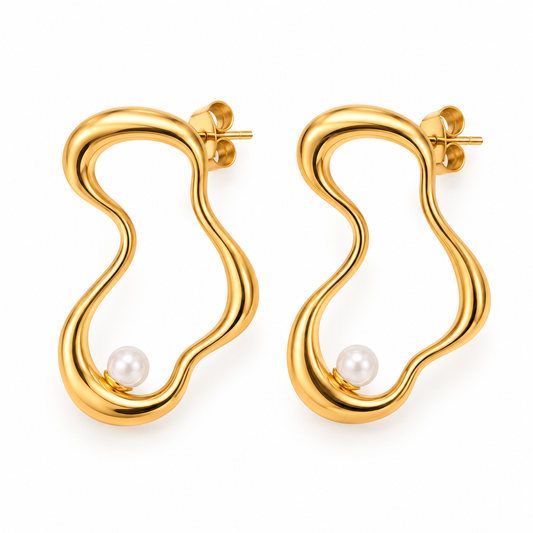 Elara Sculptural Gold & Pearl Drop Earrings by Ellisse & Co. with elegant pearl drop details
